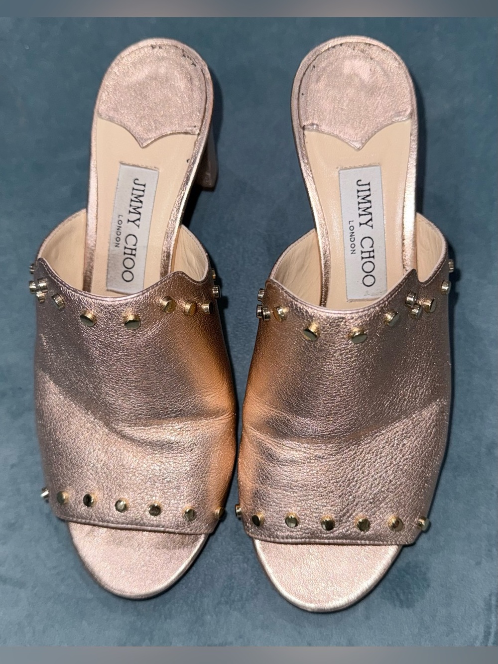 Jimmy Choo Metallic Rose Gold Studded Open-Toe Mules